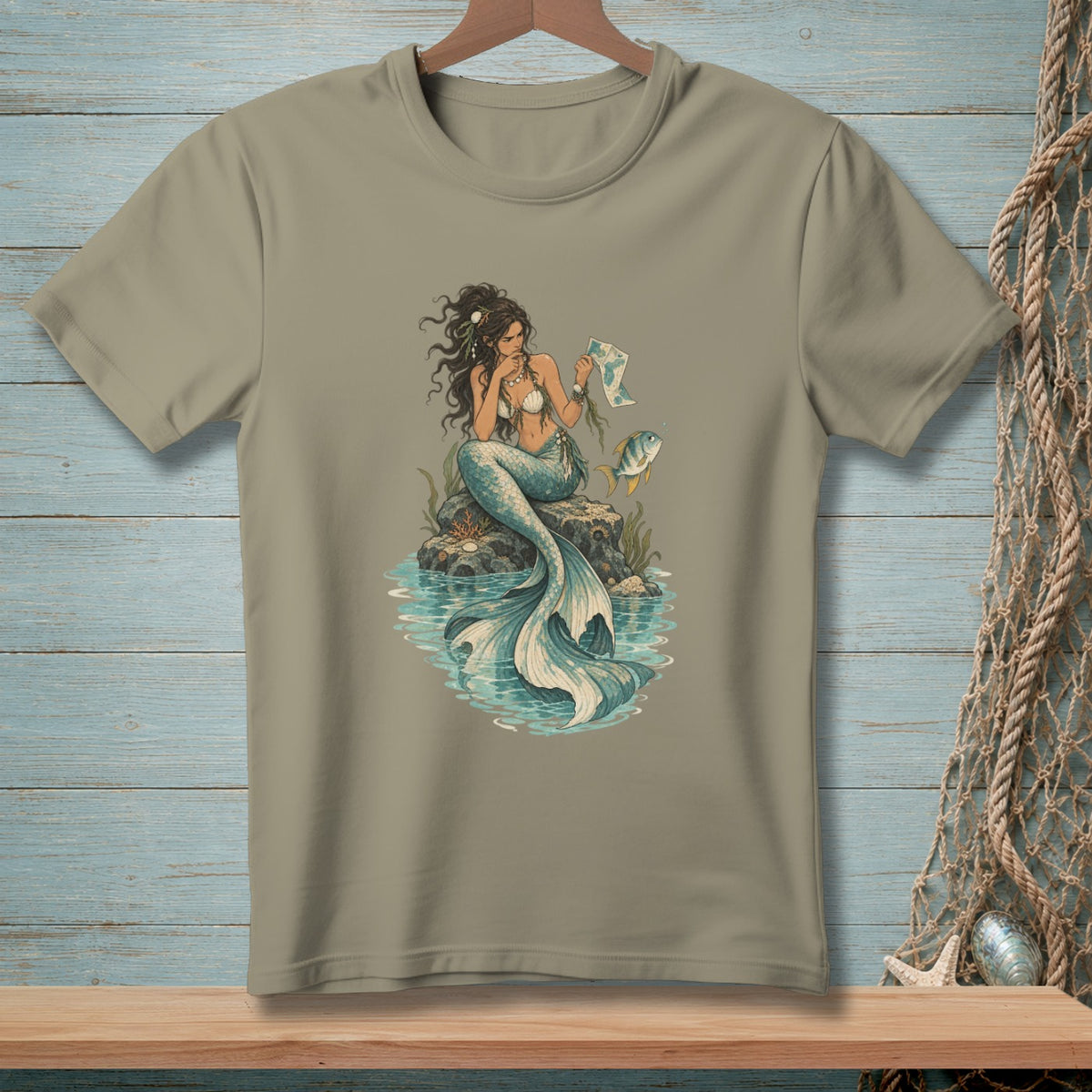 Mermaid sitting on a rock, looking at a map, with a fish nearby.