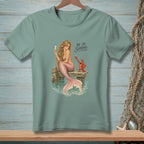 Mermaid holding champagne, lobster on dock with text "Be So Serious".