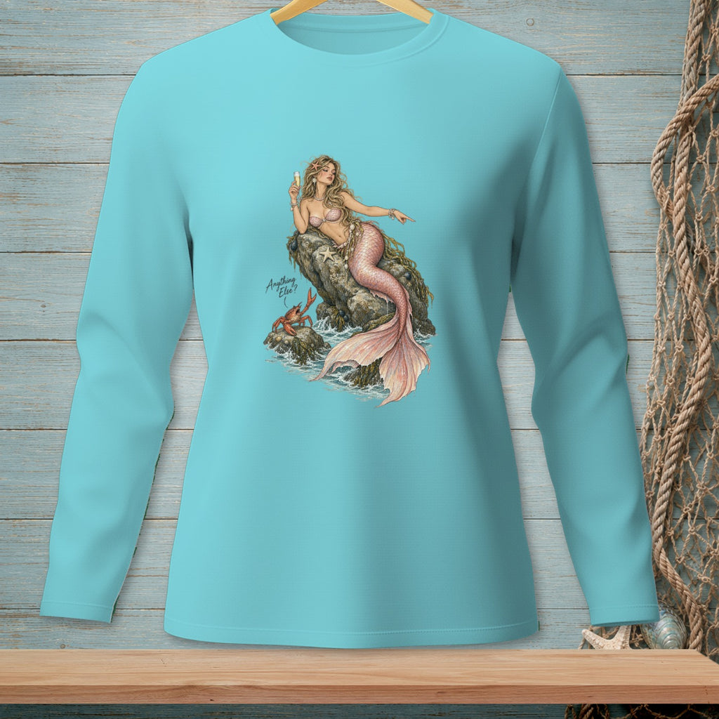 Mermaid with champagne and crab on a rock, text "Anything Else?".