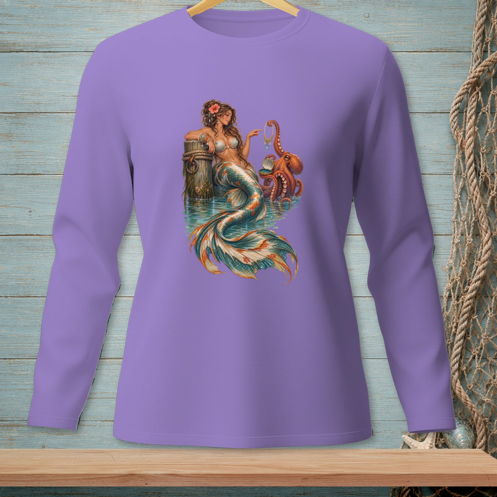 Purple long-sleeve shirt featuring a mermaid holding jewelry near an octopus.
