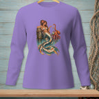 Purple long-sleeve shirt featuring a mermaid holding jewelry near an octopus.
