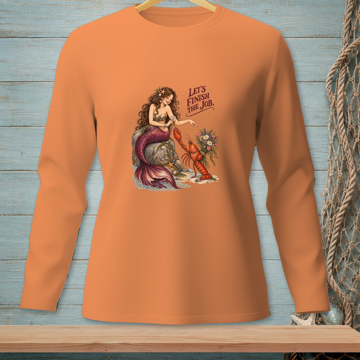 Mermaid with lobster and flowers, text "Let's Finish The Job."