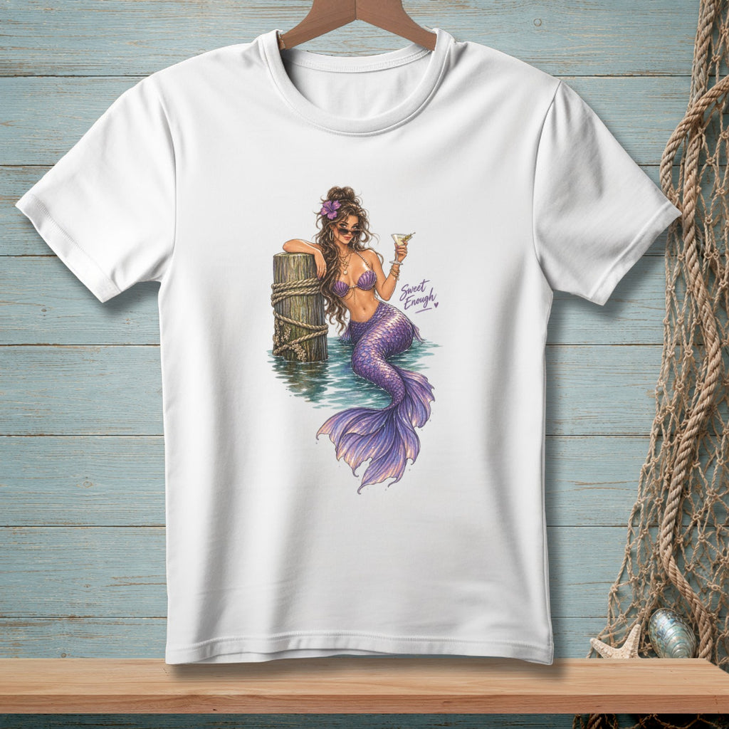 White t-shirt with mermaid graphic and "Sweet Enough" text.