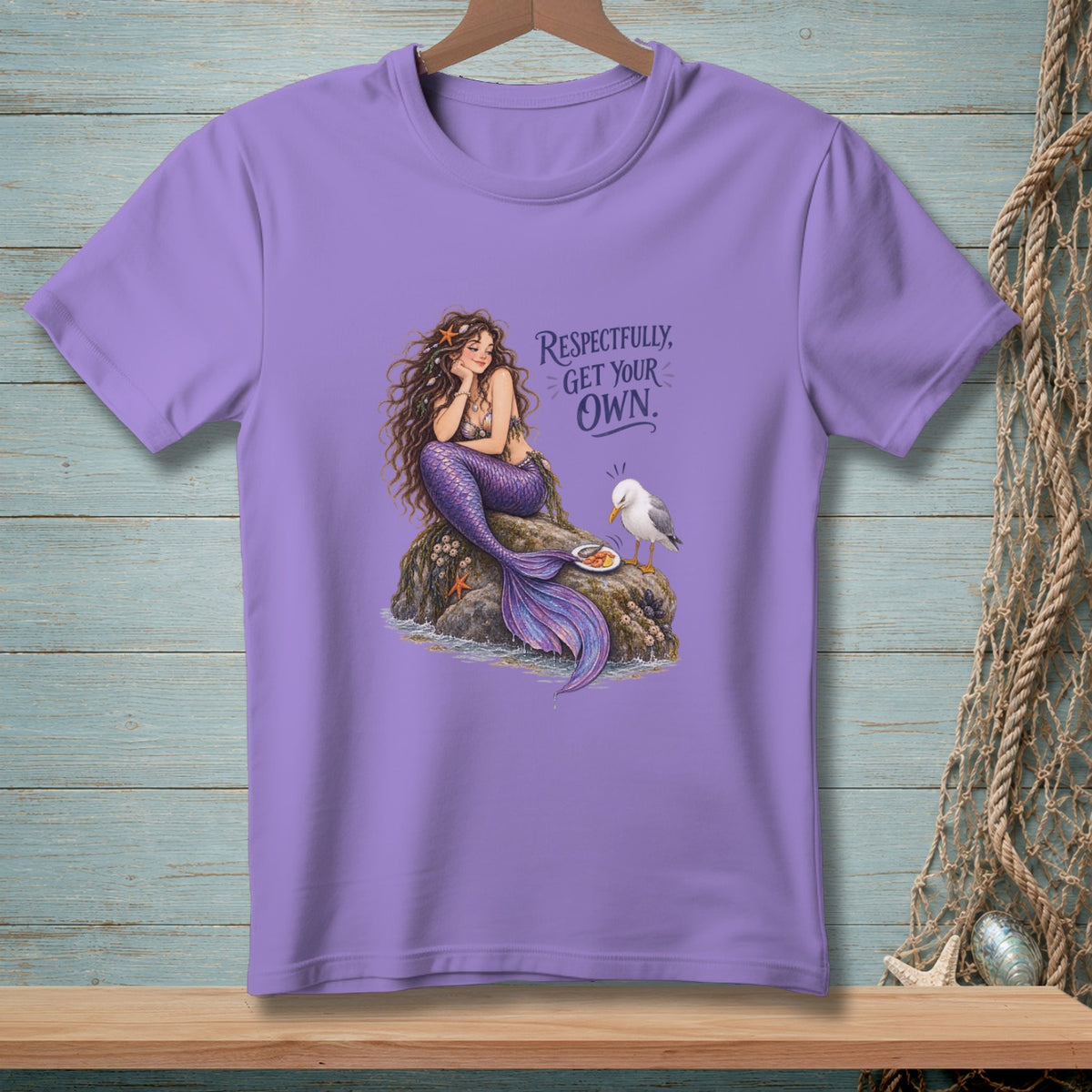 Purple t-shirt with mermaid, seagull, and text "Respectfully, Get Your Own."