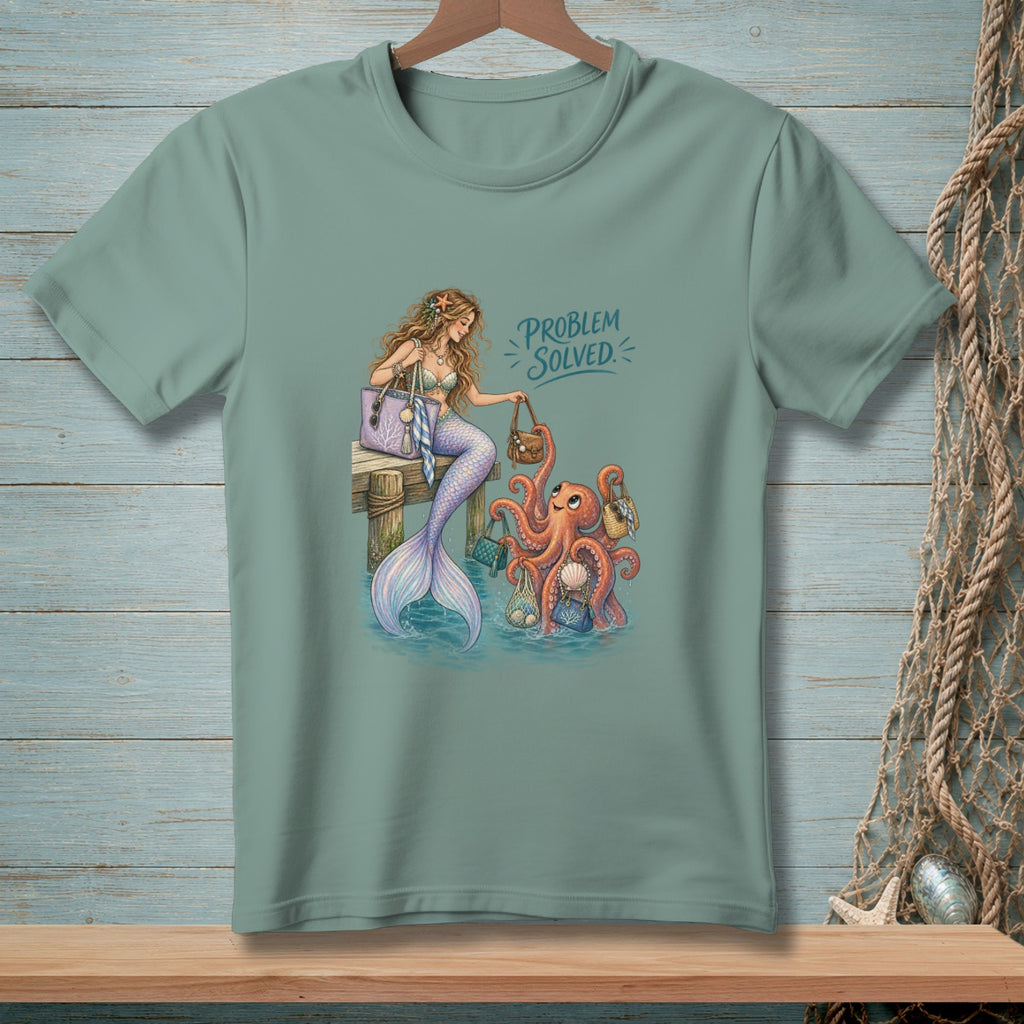 Mermaid and octopus with shopping bags on a dock, "PROBLEM SOLVED" text.