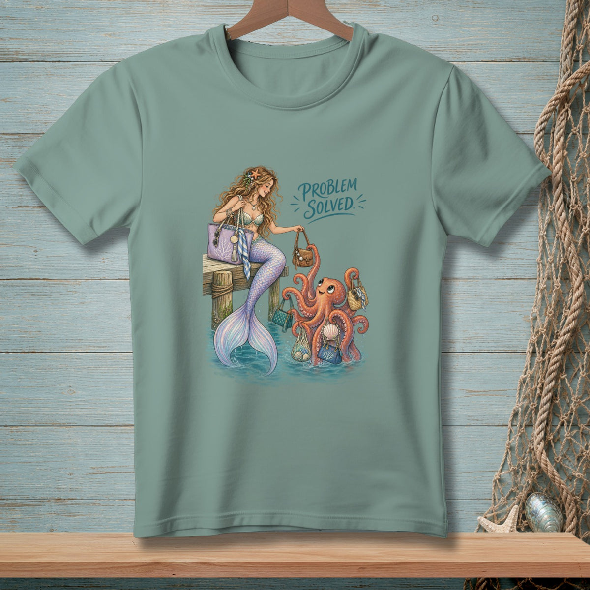 Mermaid and octopus with shopping bags on a dock, "PROBLEM SOLVED" text.