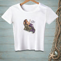 White t-shirt with mermaid on rock, holding a martini glass, with text.