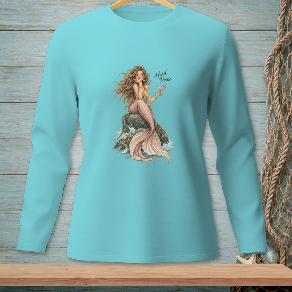 Long sleeve t-shirt with mermaid and "Hard Pass." text graphic.