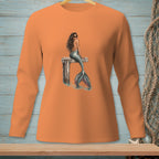 Orange long-sleeve shirt with a mermaid on a dock and the text "YOU AGAIN?".