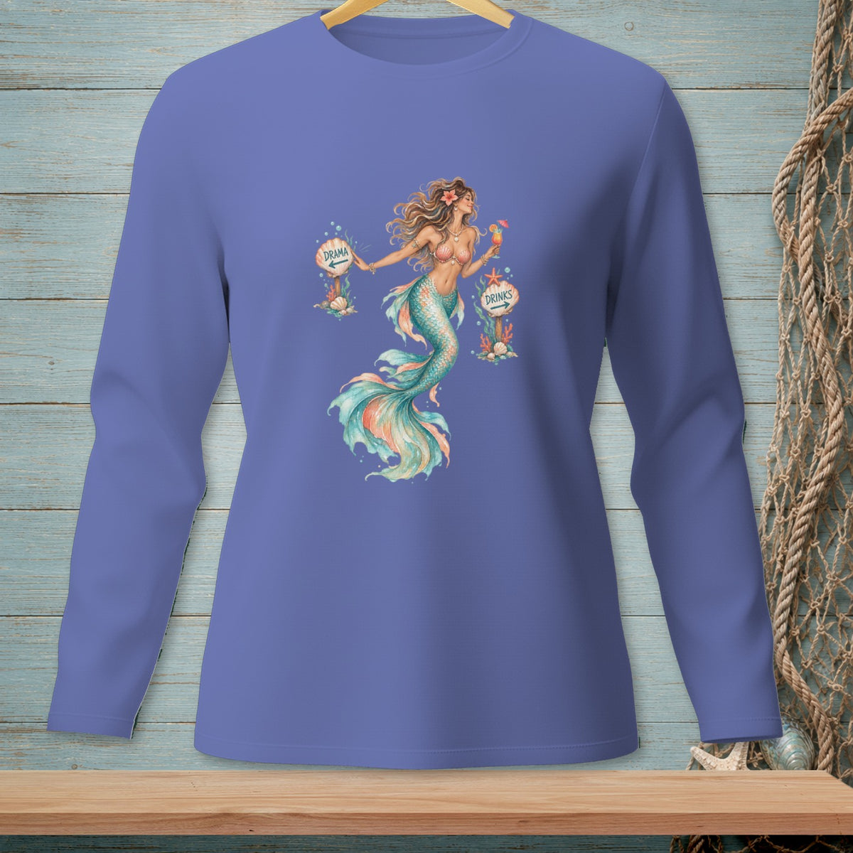Mermaid holding a drink next to signs for drama and drinks.
