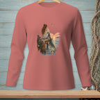 Long-sleeve shirt with a mermaid sitting on a dock at sunset graphic.
