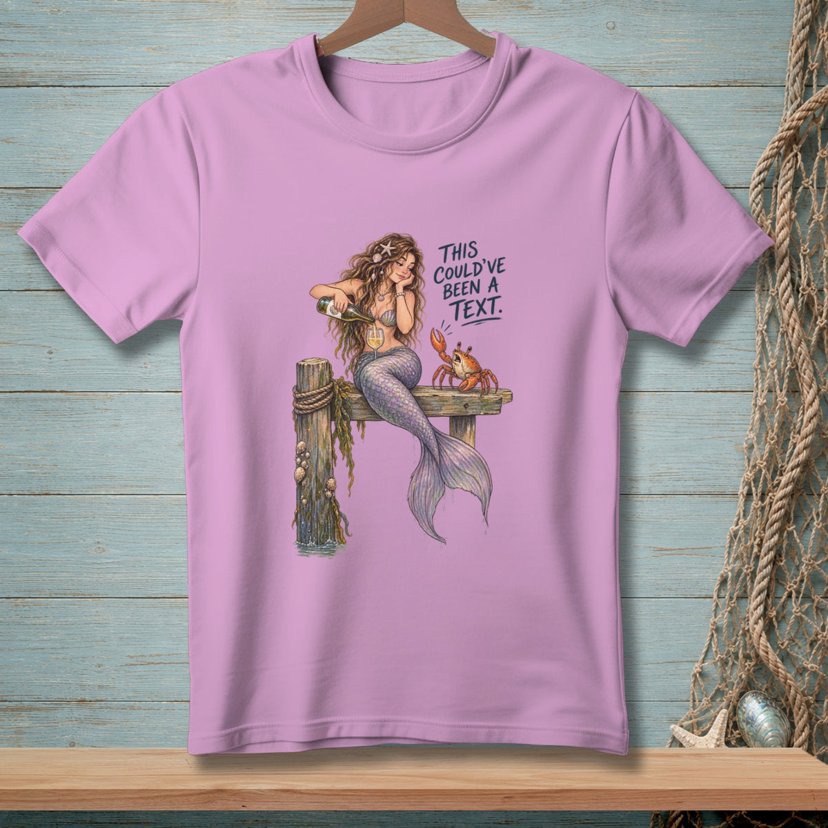 Mermaid pouring wine for a crab with text "THIS COULD'VE BEEN A TEXT."