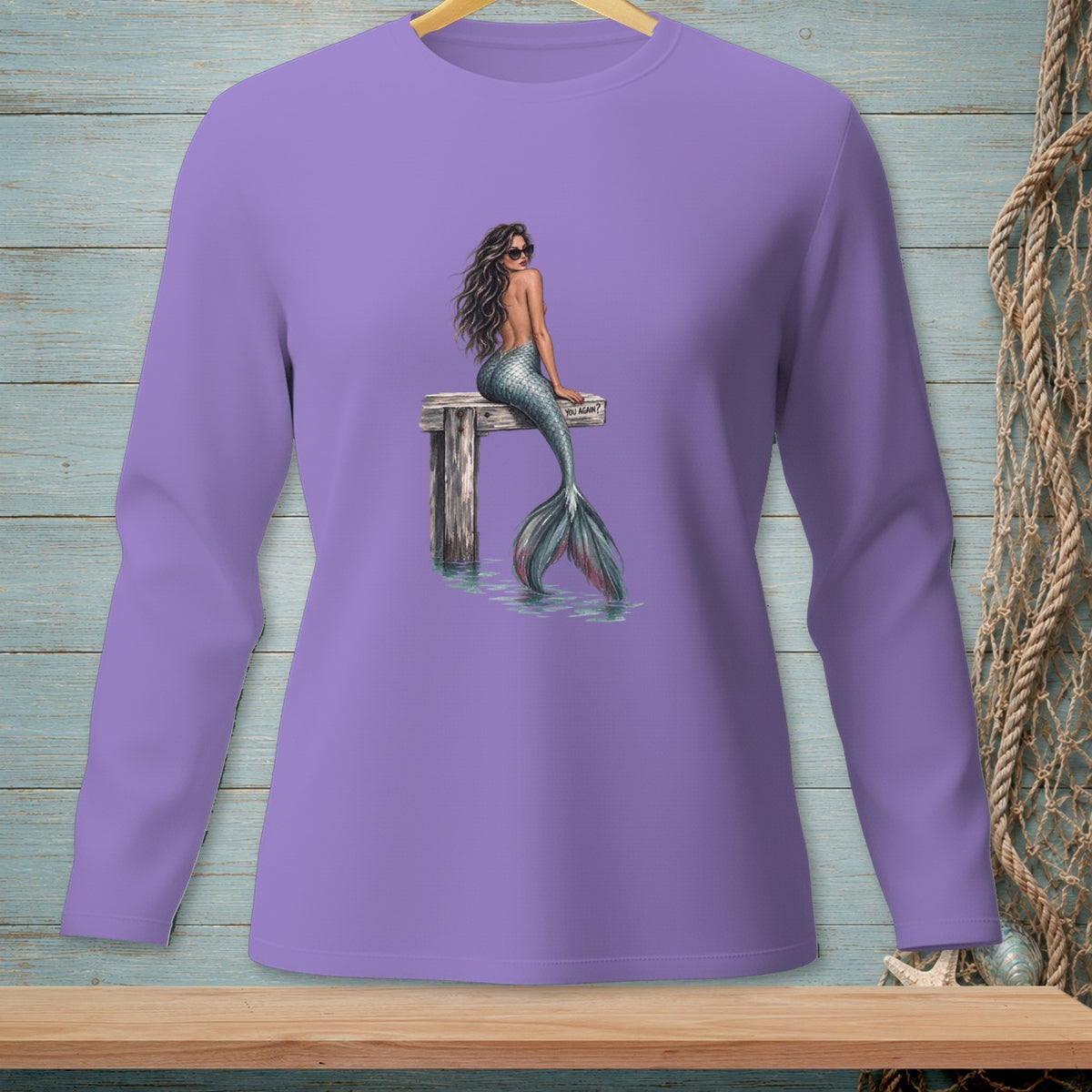 Purple long sleeve shirt with mermaid illustration asking "YOU AGAIN?"