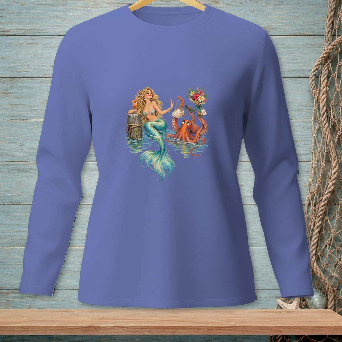 Mermaid sitting on a barrel with an octopus holding flowers and pearls.