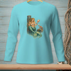 Long sleeve teal shirt with a mermaid holding a conch shell and a crab.
