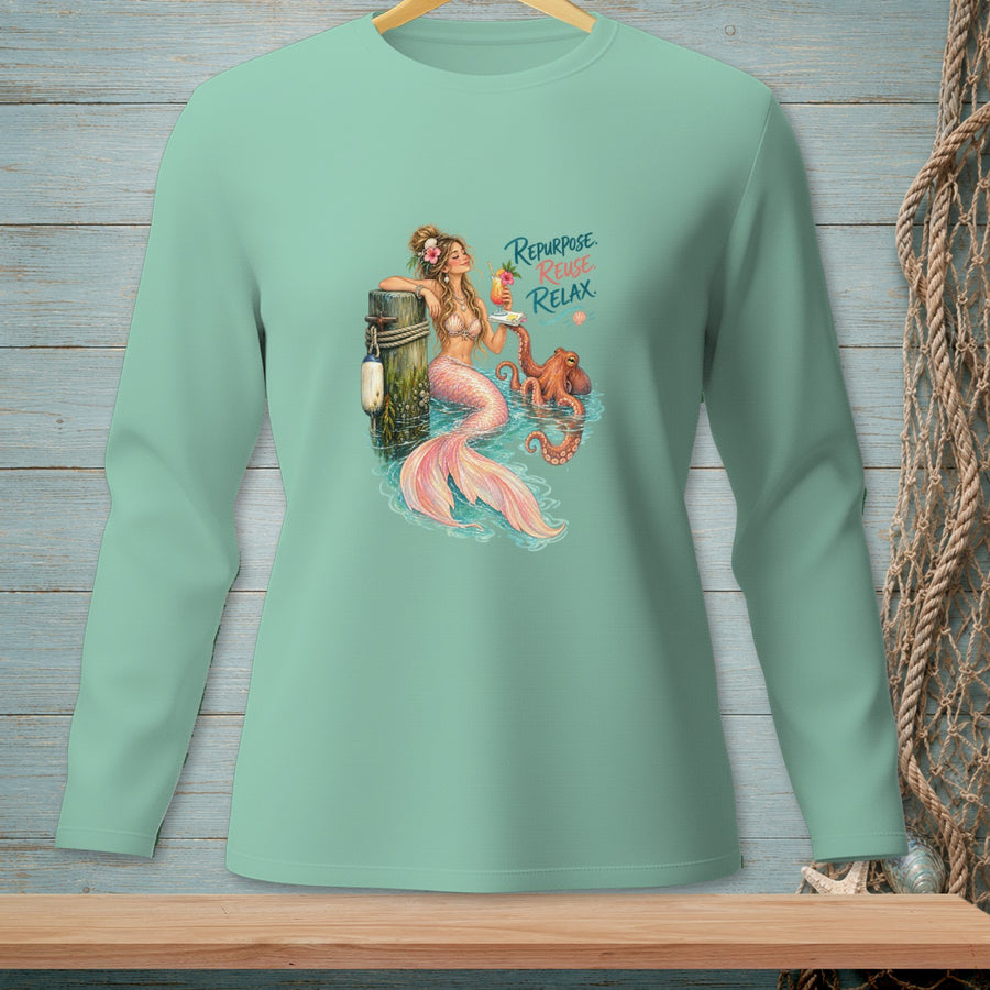 Mermaid and octopus with text "Repurpose. Reuse. Relax." on a teal shirt.