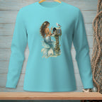 Mermaid at a mailbox with a seagull on a blue long-sleeve shirt.