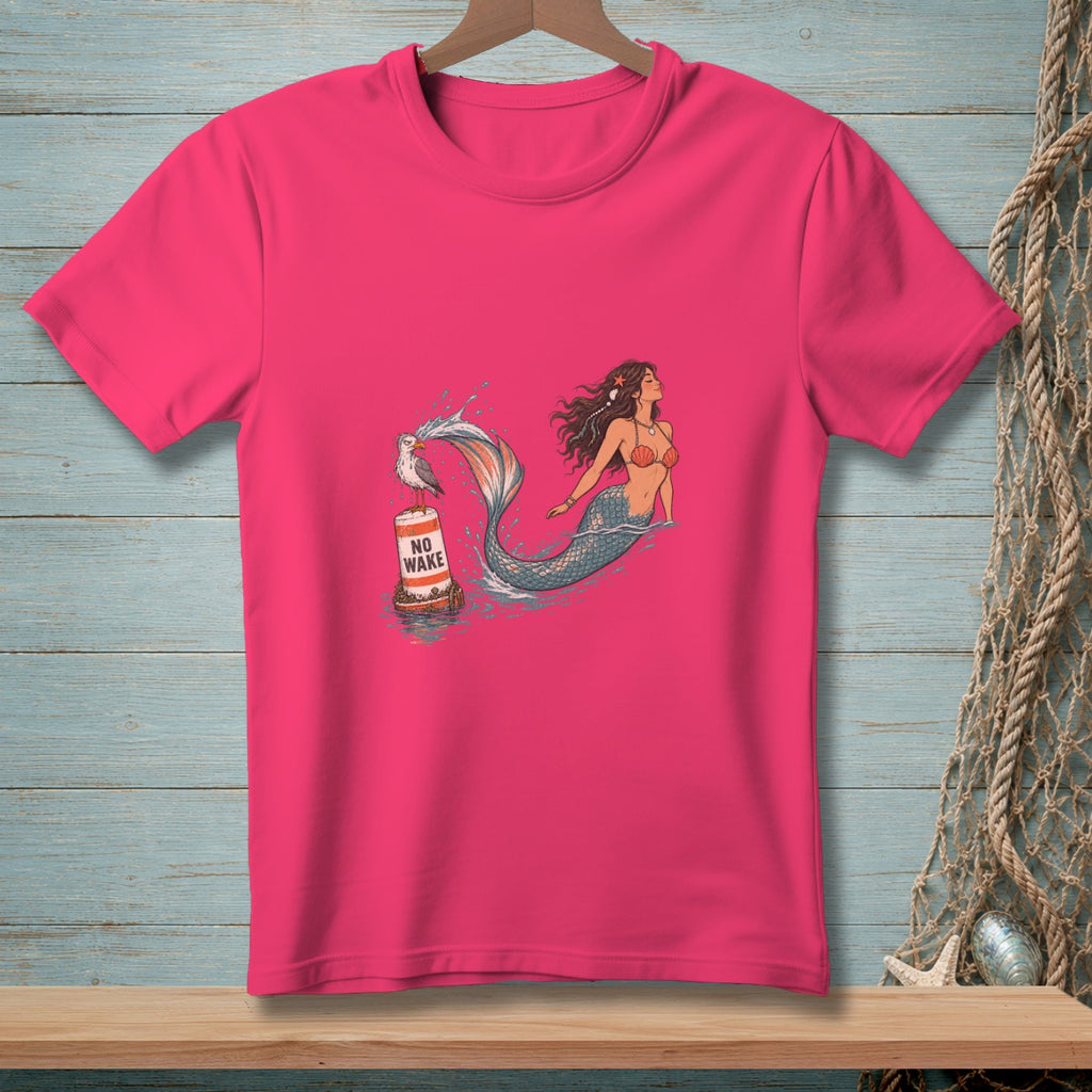 Mermaid with a seagull on a "NO WAKE" buoy.