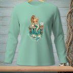 Mermaid with drink on dock, text "SHARE THE SPACE", and crab.