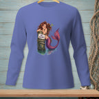 Purple long-sleeve shirt featuring a mermaid leaning on a post with "NO VACANCY" sign.