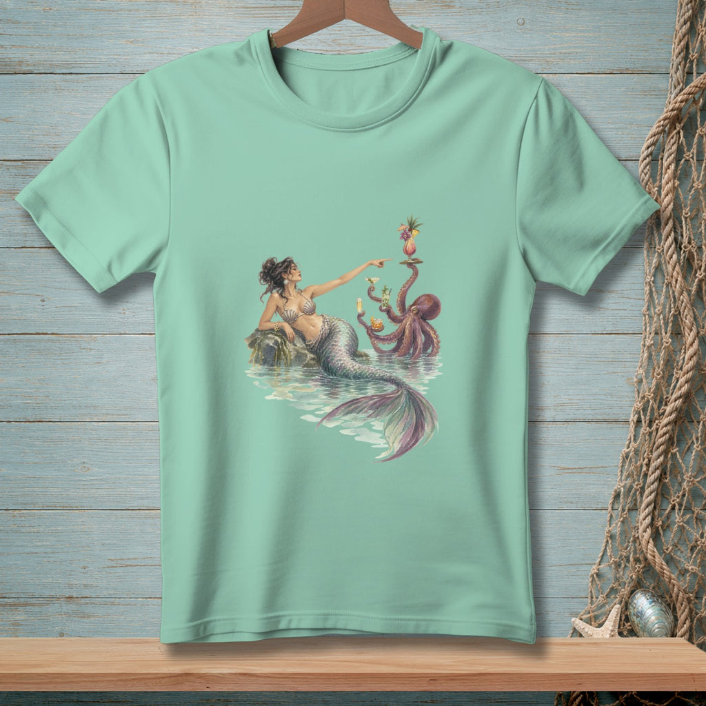 Mermaid with octopus and cocktails in a watercolor illustration on a light blue-green t-shirt.