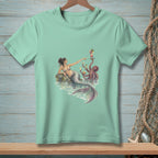 Mermaid with octopus and cocktails in a watercolor illustration on a light blue-green t-shirt.