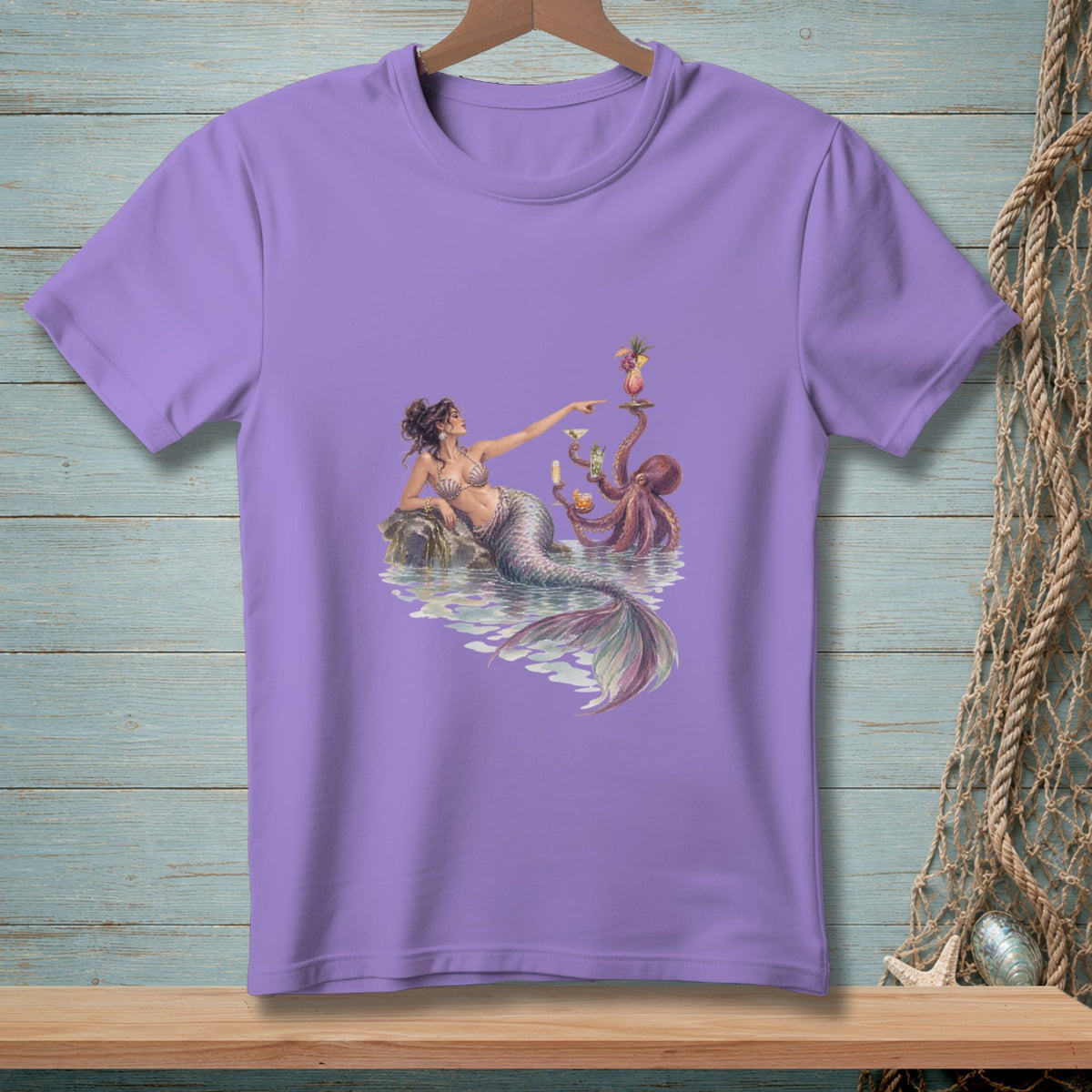 Mermaid pointing at octopus holding tropical drink with cocktails on rocks.