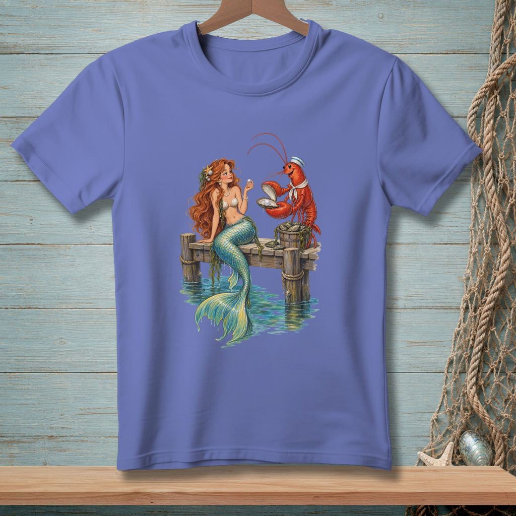 Mermaid and lobster on a dock, presenting a pearl from an open oyster.