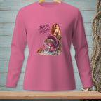 Pink long sleeve shirt with a mermaid, crab, and text "Talk to the Tail".