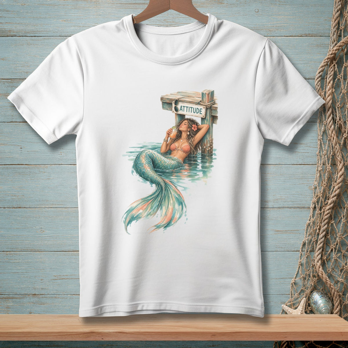 Mermaid with drink and sunglasses leans on dock post with "ATTITUDE" sign.