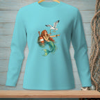 Long sleeve teal shirt with a mermaid and seagull graphic.