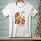 White t-shirt with a mermaid and seagull graphic saying "Are you finished?".