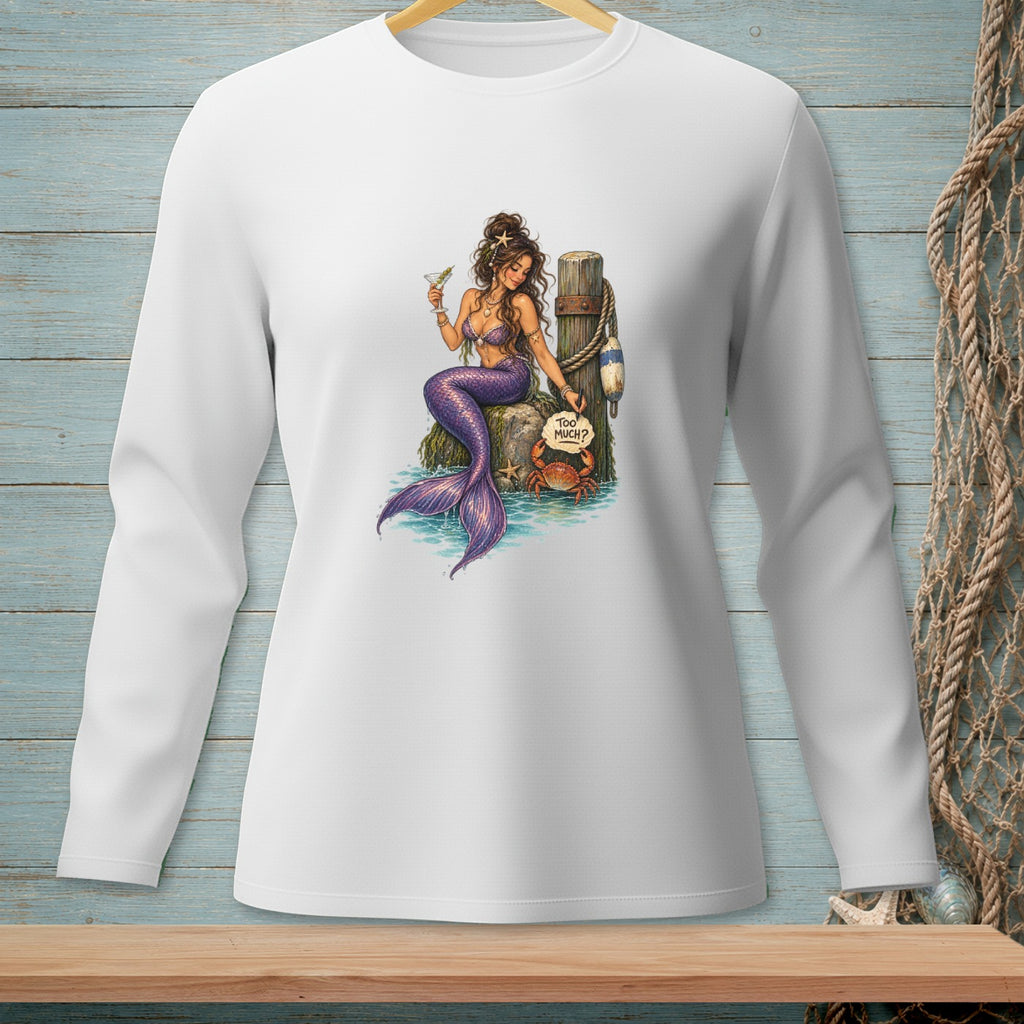 Mermaid with purple tail, martini, and crab holds sign saying "Too Much?".