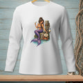 Mermaid with purple tail, martini, and crab holds sign saying "Too Much?".