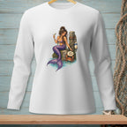 Mermaid with purple tail, martini, and crab holds sign saying "Too Much?".