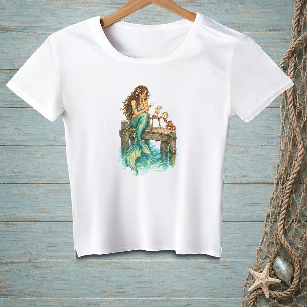 Mermaid on a dock with drinks and a crab, with a starfish and net to the side.