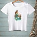 Mermaid on a dock with drinks and a crab, with a starfish and net to the side.
