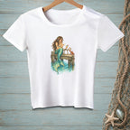 Mermaid on a dock with drinks and a crab, with a starfish and net to the side.
