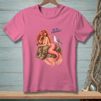 Pink t-shirt with illustration of a mermaid and a seagull asking "Are you finished?".