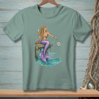 Mermaid with champagne and a crab on a dock, drops a shell labeled "DONE."