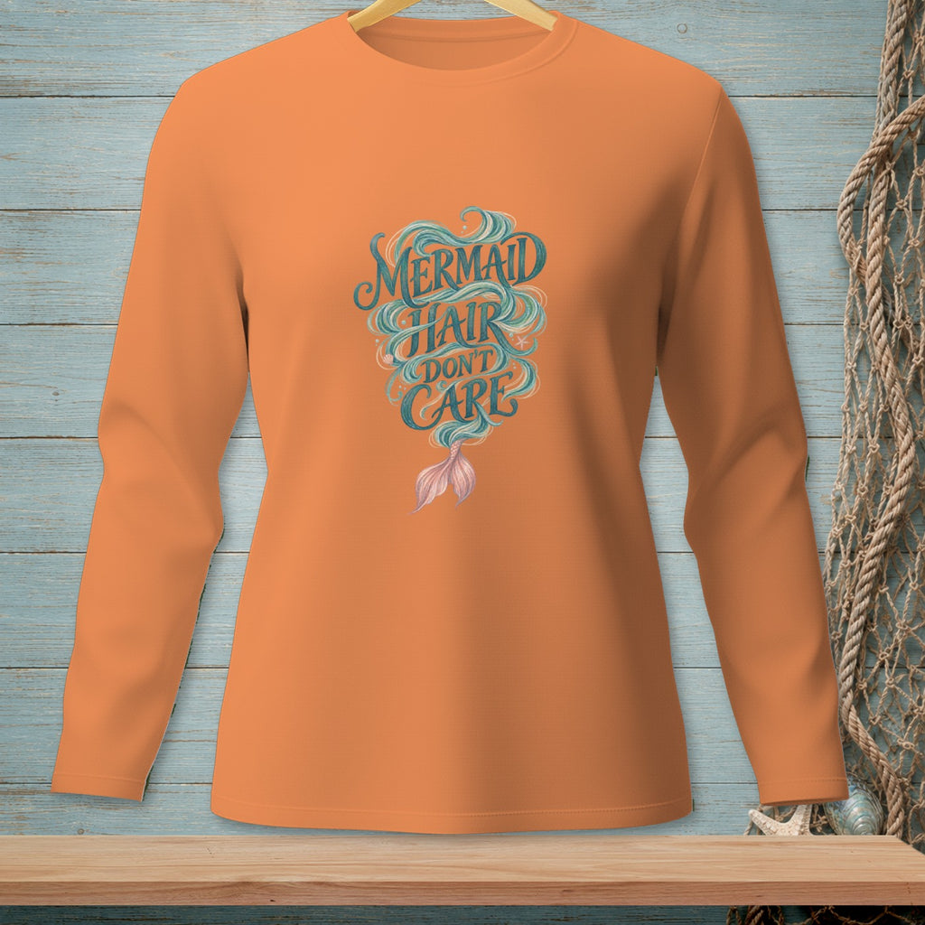 Orange long-sleeved shirt with "Mermaid Hair Don't Care" text and mermaid tail design.