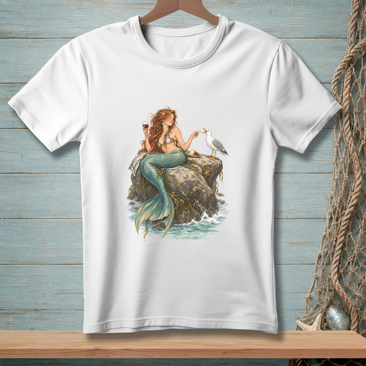 White t-shirt with a mermaid sitting on rocks with a seagull, holding a glass of wine.