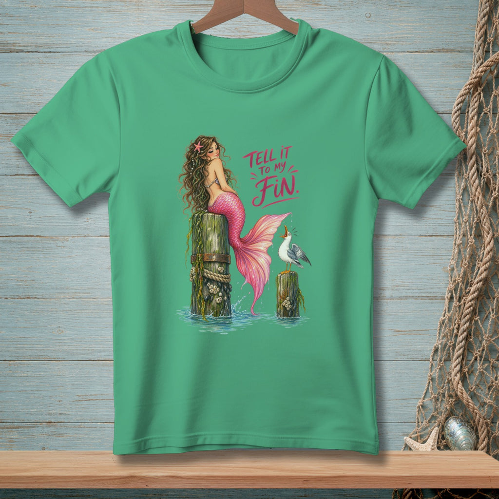 Green t-shirt with mermaid and seagull graphic and text "Tell it to my Fin".