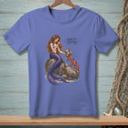 Mermaid and lobster with flowers, text "Quality Control" printed on purple shirt.