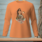 Mermaid on rock with pufffish, illustration on orange long sleeve shirt.