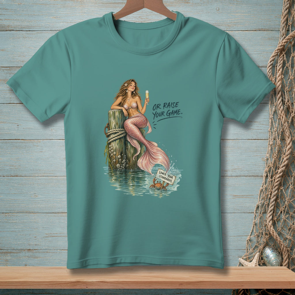 Mermaid holding champagne on a post with text "OR RAISE YOUR GAME."