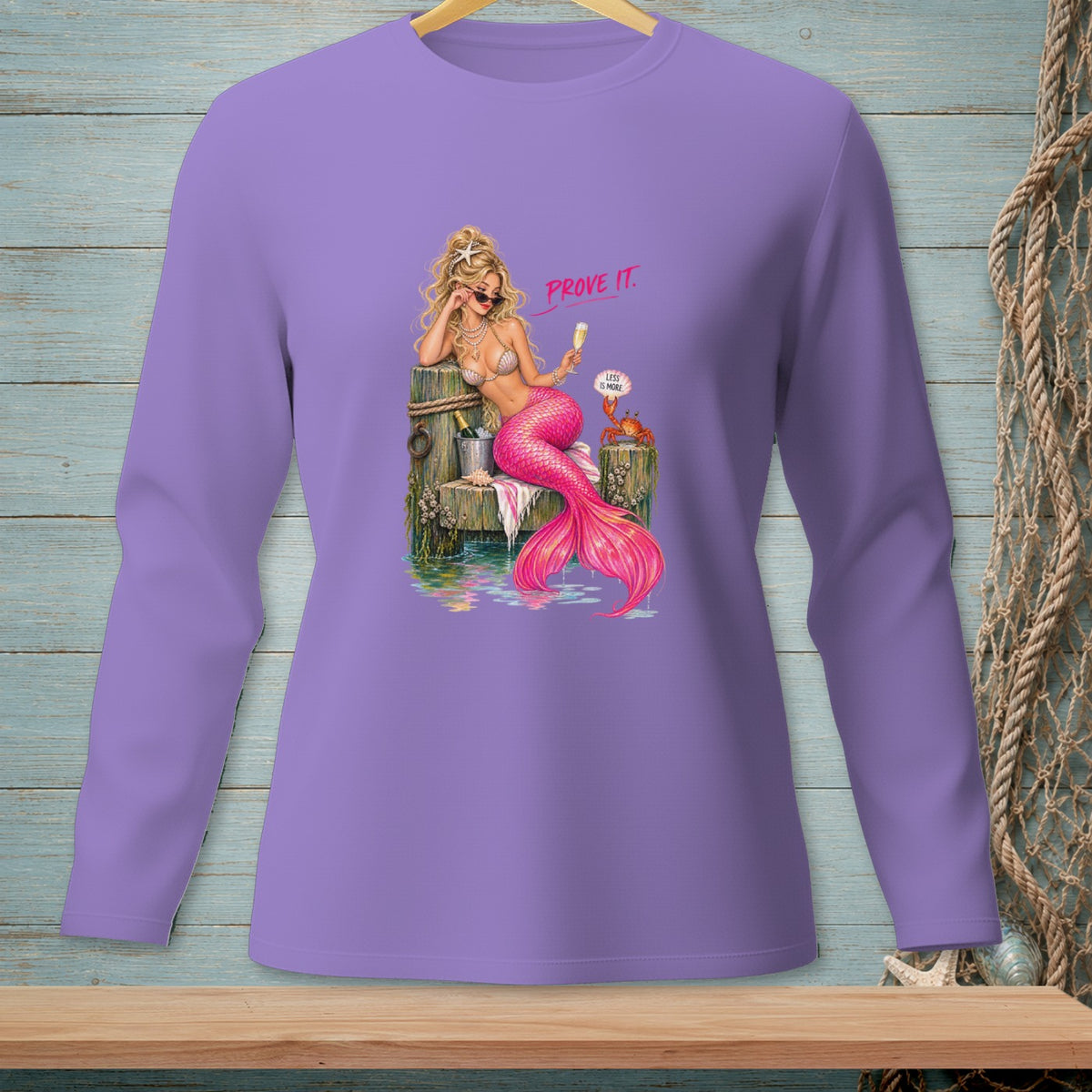 Purple long-sleeve shirt with a mermaid graphic and text "PROVE IT."