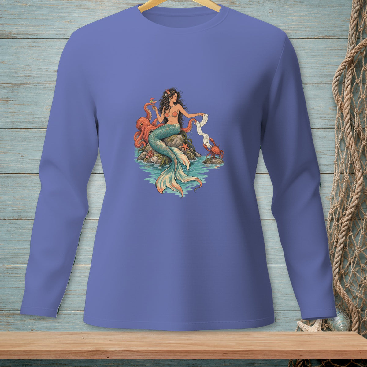 Mermaid with octopus and crabs on a rock in the ocean with a scroll.