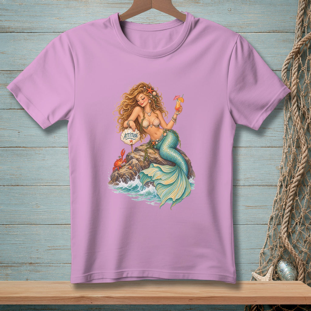 Mermaid with a drink and a crab sitting on a rock, "ATTITUDE" sign.