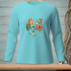 Mermaid and octopus friends holding flowers and shells on ocean background graphic.